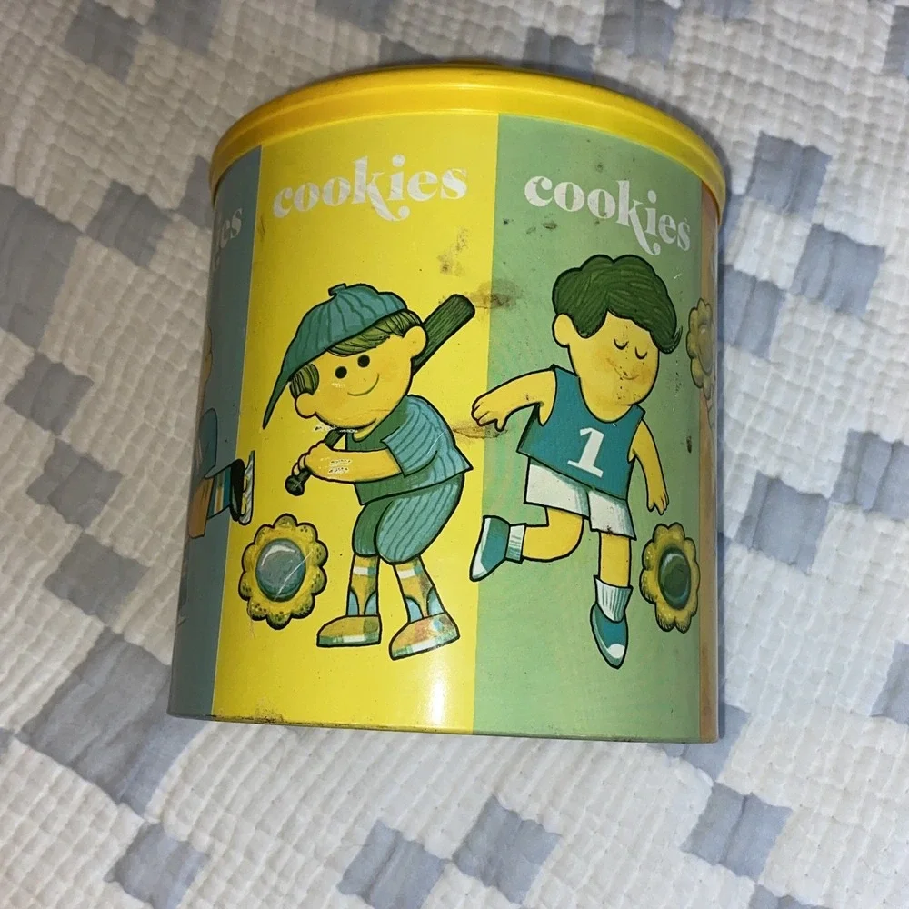 Cheinco Vintage Metal Cookie Canister Sports themed good‎ condition some patina